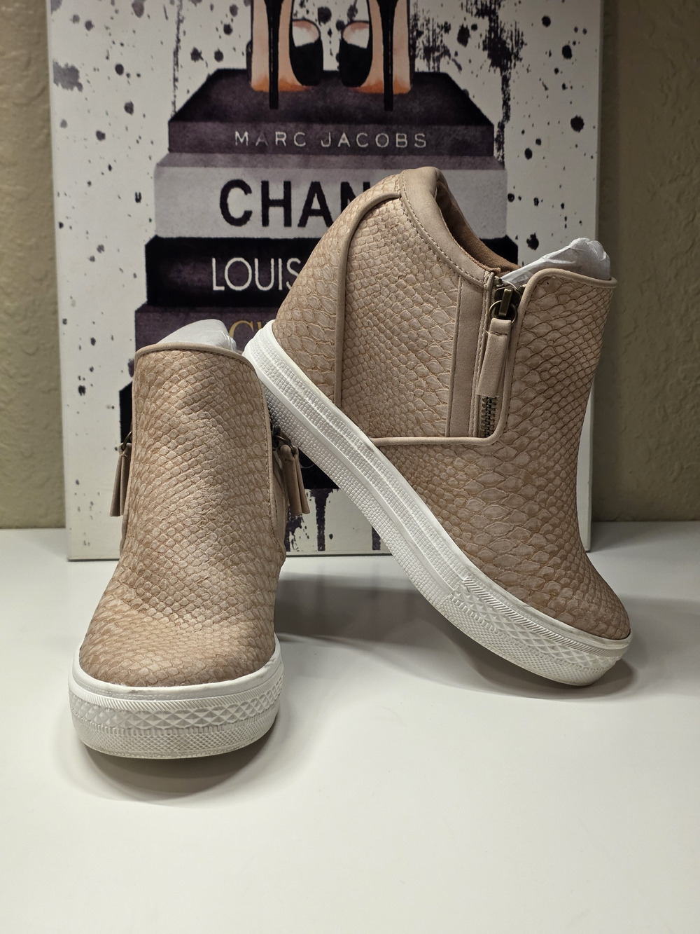 Not Rated Women's Beige/reptile Textured Wedge Sneaker Boot with Side Zips